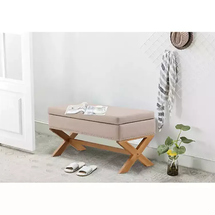 Benches & Ottomans-Kirklands Home Beige Crossed Storage Ottoman Tan