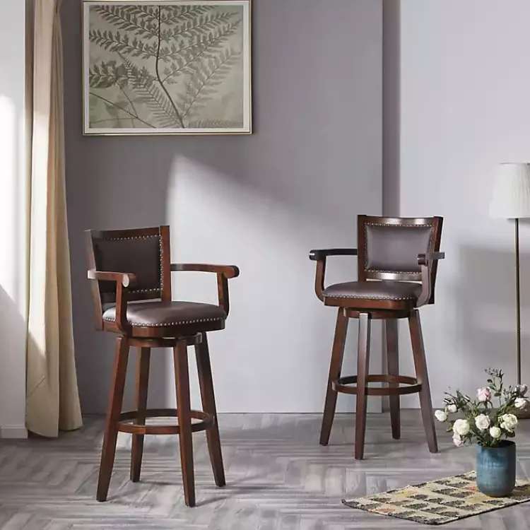 Bar Stools & Counter Height Stools-Kirklands Home Wood and Faux Leather Swivel Bar Stool Brown