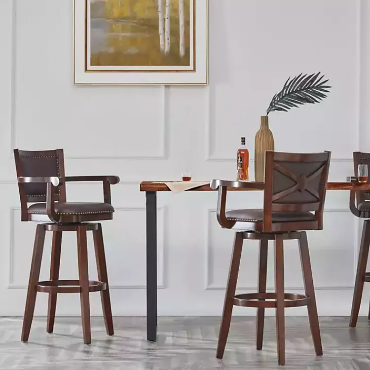 Bar Stools & Counter Height Stools-Kirklands Home Wood and Faux Leather Swivel Bar Stool Brown