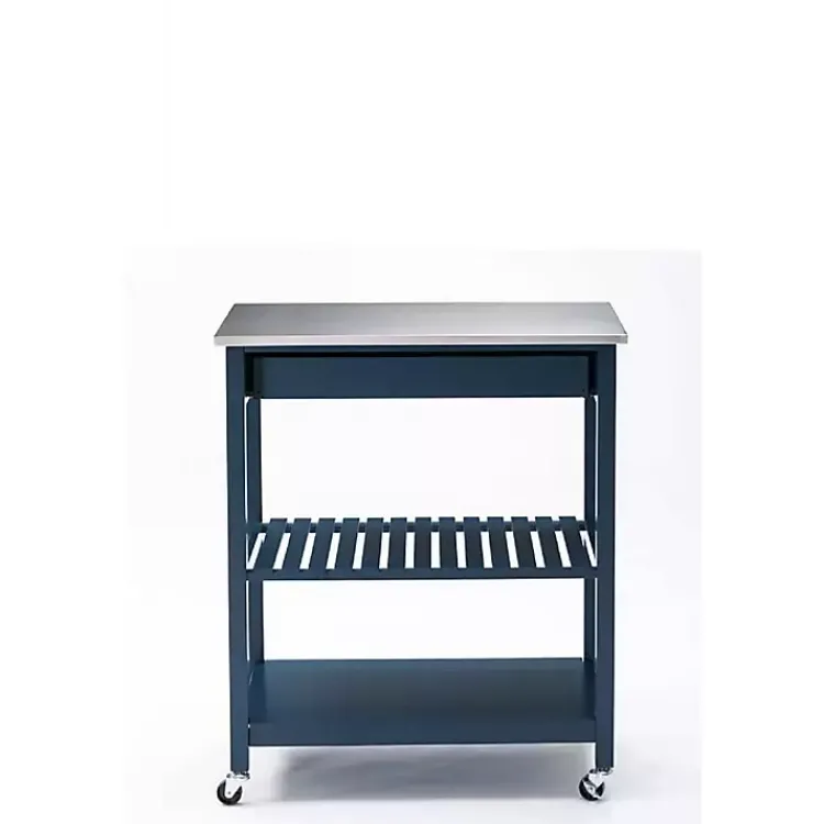 Kitchen Islands & Bar Carts-Kirklands Home Navy Wood and Stainless Steel Top Kitchen Cart Blue