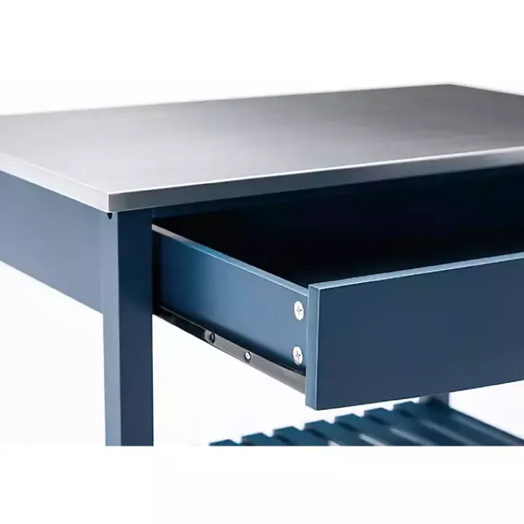 Kitchen Islands & Bar Carts-Kirklands Home Navy Wood and Stainless Steel Top Kitchen Cart Blue