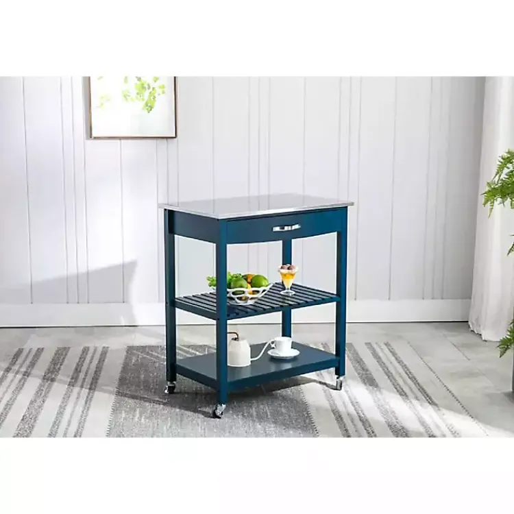Kitchen Islands & Bar Carts-Kirklands Home Navy Wood and Stainless Steel Top Kitchen Cart Blue