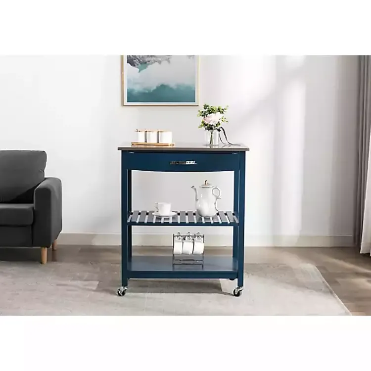 Kitchen Islands & Bar Carts-Kirklands Home Navy Wood and Stainless Steel Top Kitchen Cart Blue