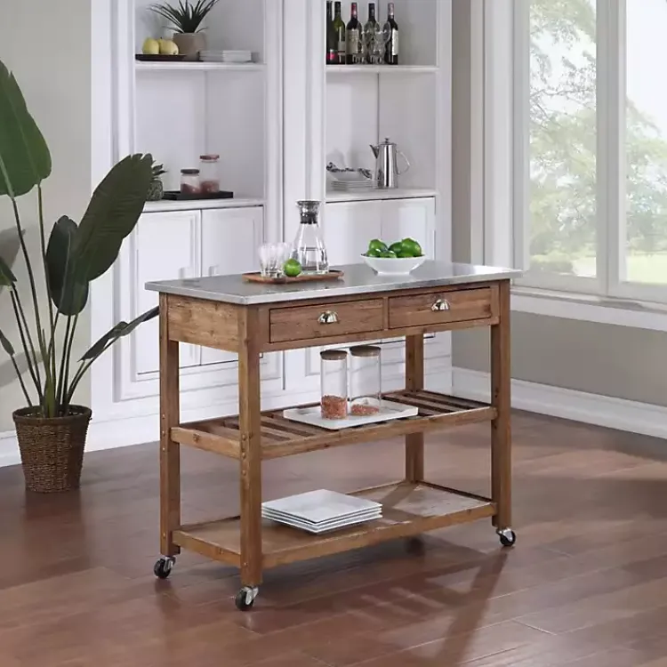 Kitchen Islands & Bar Carts-Kirklands Home Barnwood Sonoma Stainless Steel Top Kitchen Cart Brown