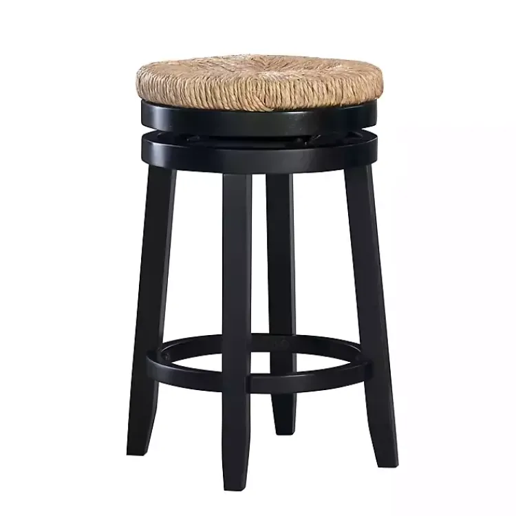 Bar Stools & Counter Height Stools-Kirklands Home Black Wood Seagrass Seat Swivel Counter Stool Tan