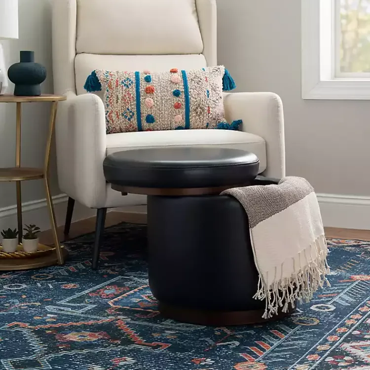 Benches & Ottomans-Kirklands Home Round Faux Leather Storage Ottoman Black