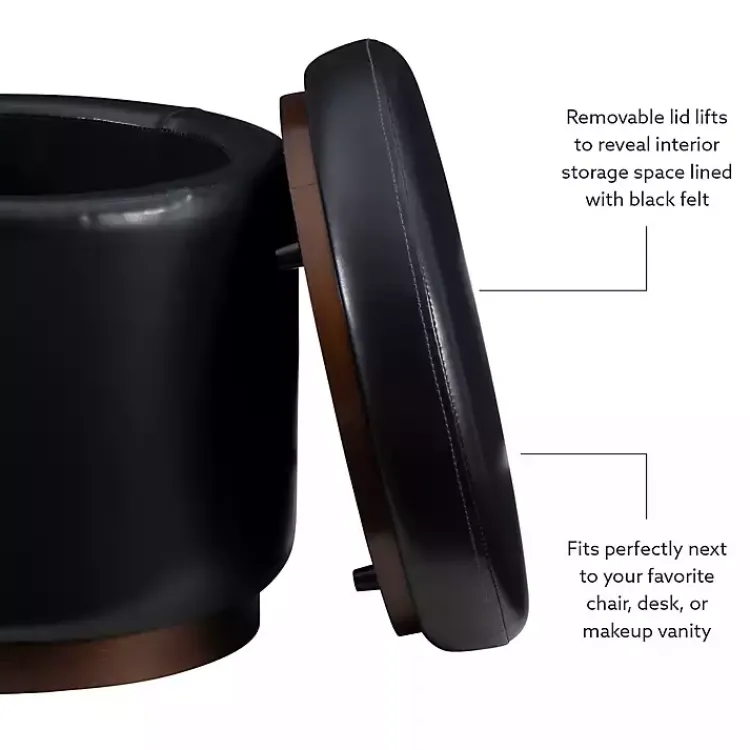 Benches & Ottomans-Kirklands Home Round Faux Leather Storage Ottoman Black