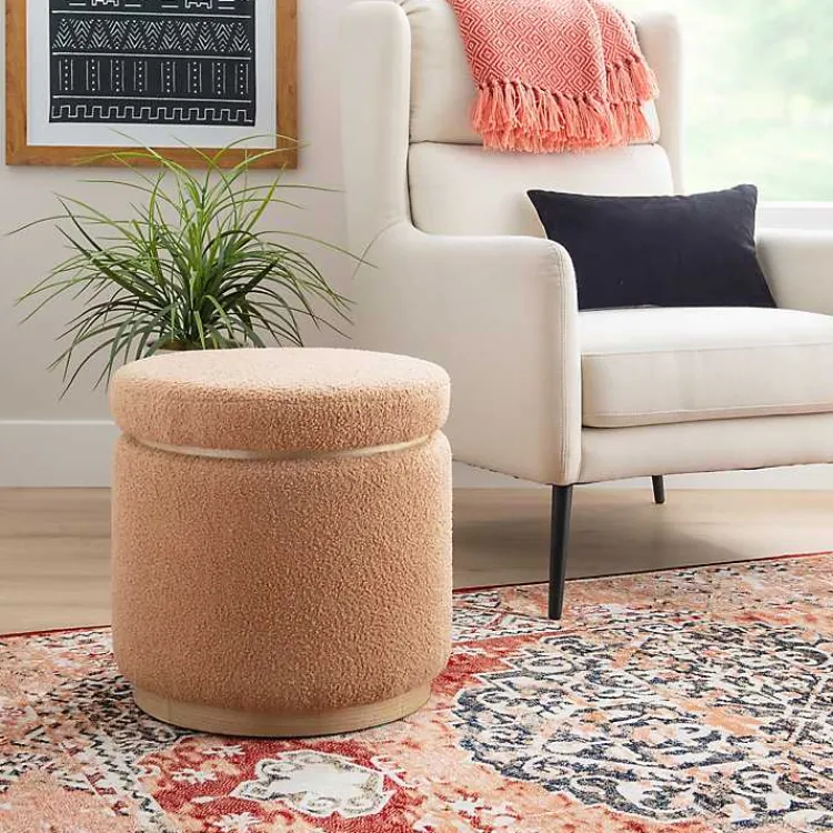 Benches & Ottomans-Kirklands Home Sherpa Upholstered Storage Ottoman Tan