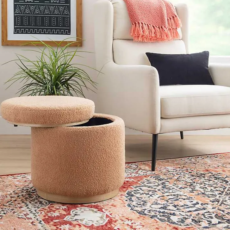 Benches & Ottomans-Kirklands Home Sherpa Upholstered Storage Ottoman Tan