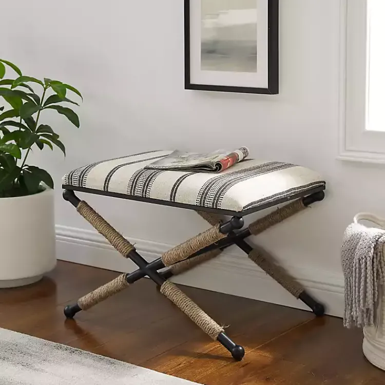 Benches & Ottomans-Kirklands Home Black and White Striped Upholstered Ottoman