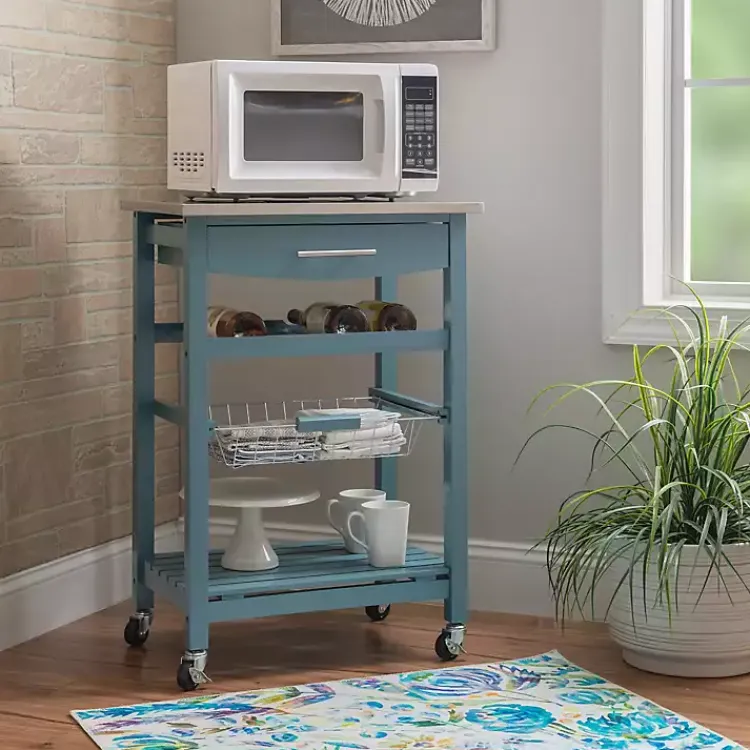 Kitchen Islands & Bar Carts-Kirklands Home Wood and Stainless Steel Kitchen Cart Blue