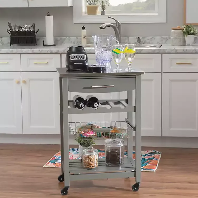 Kitchen Islands & Bar Carts-Kirklands Home Wood and Stainless Steel Kitchen Cart Gray
