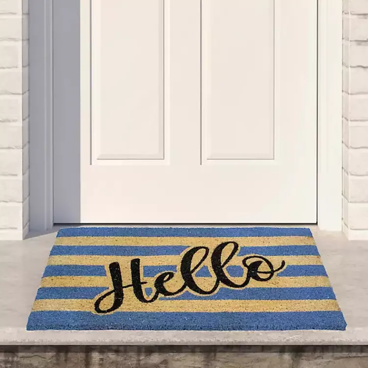 Doormats-Kirklands Home Blue Striped Hello Doormat