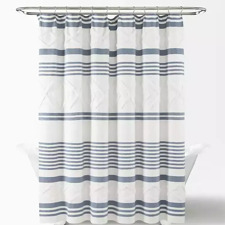 Shower Curtains-Kirklands Home Blue Stripe Diamond Tufted Shower Curtain