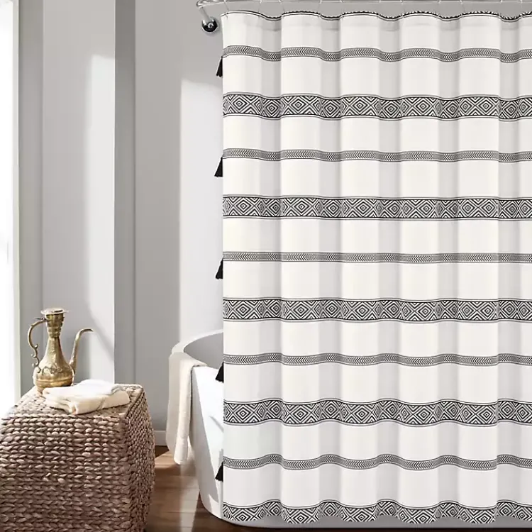 Shower Curtains-Kirklands Home Black and White Striped Boho Shower Curtain