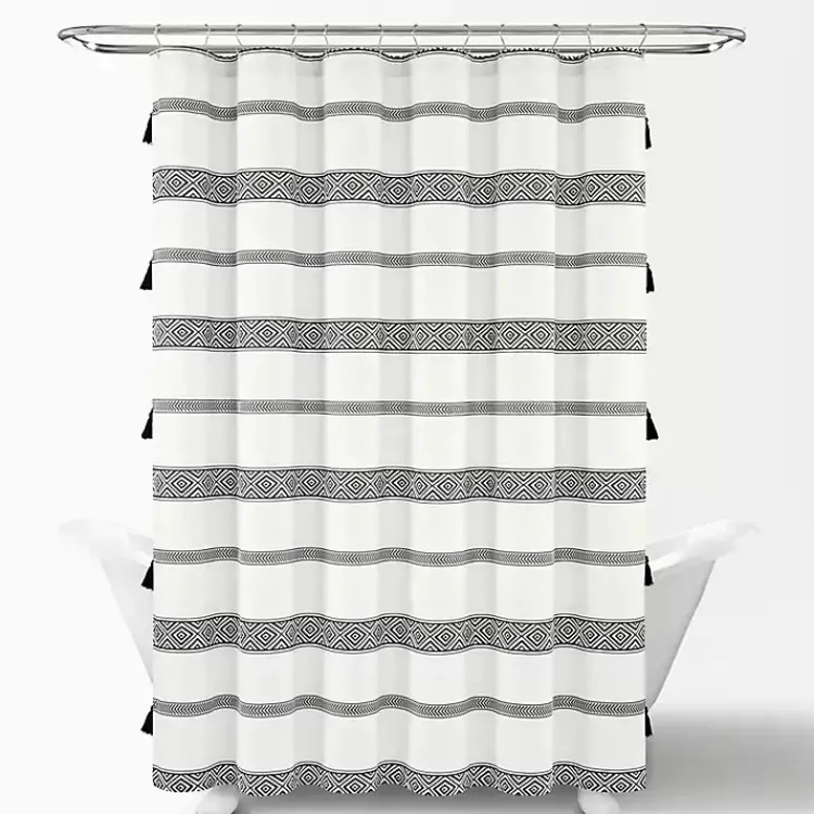Shower Curtains-Kirklands Home Black and White Striped Boho Shower Curtain