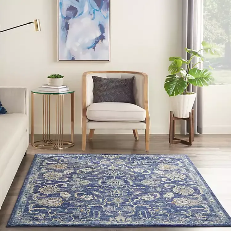Area Rugs-Kirklands Home Navy and Beige Botanical Area Rug, 5x7