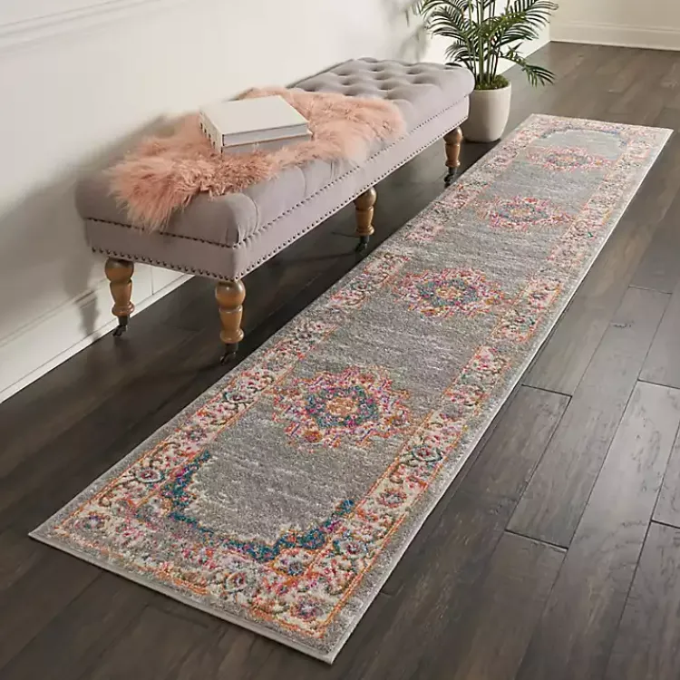 Area Rugs-Kirklands Home Gray & Pink Central Motif Botanical Runner