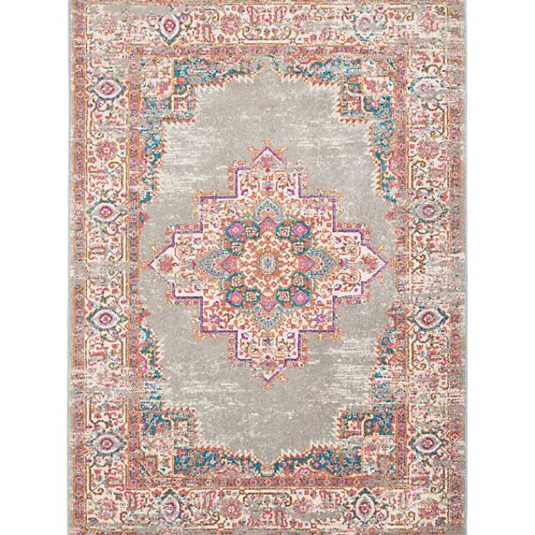 Area Rugs-Kirklands Home Gray & Pink Central Motif Botanical Area Rug, 5x7