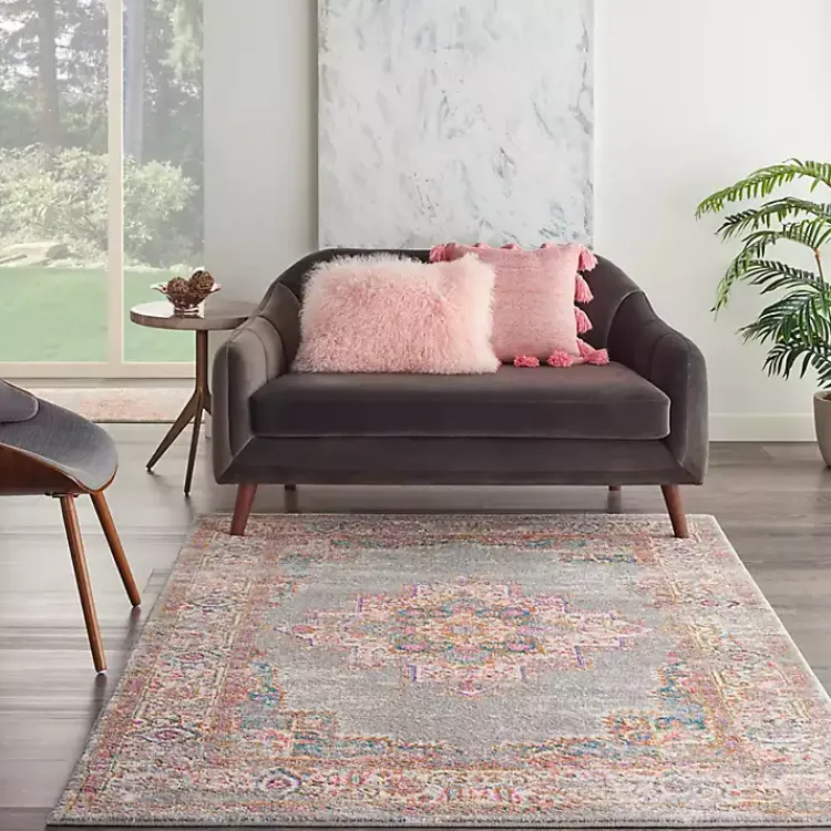 Area Rugs-Kirklands Home Gray & Pink Central Motif Botanical Area Rug, 5x7