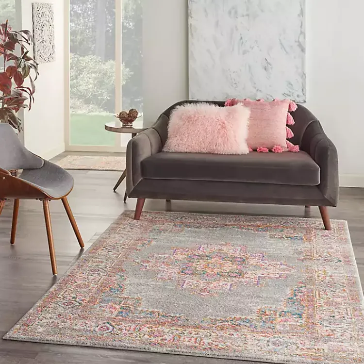 Area Rugs-Kirklands Home Gray & Pink Central Motif Botanical Area Rug, 5x7