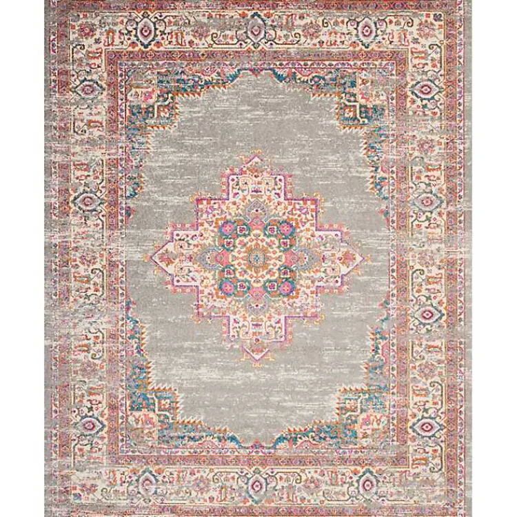 Area Rugs-Kirklands Home Gray & Pink Central Motif Botanical Area Rug, 8x10