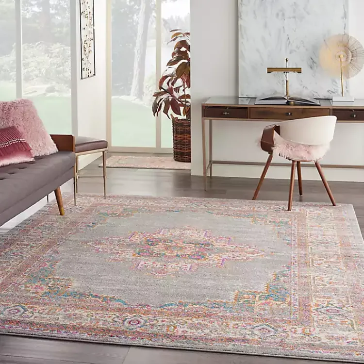 Area Rugs-Kirklands Home Gray & Pink Central Motif Botanical Area Rug, 8x10