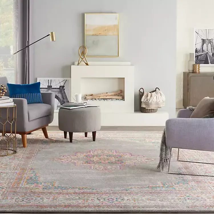 Area Rugs-Kirklands Home Gray & Pink Central Motif Botanical Area Rug, 9x12