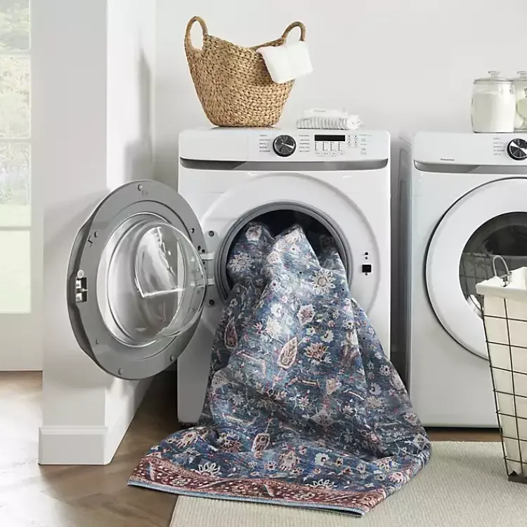 Area Rugs-Kirklands Home and Brick Floral Washable Area Rug, 5x7 Blue