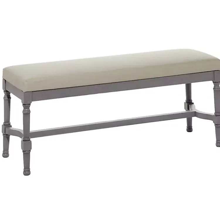 Benches & Ottomans-Kirklands Home Wood Upholstered Burlap Seat Bench Gray