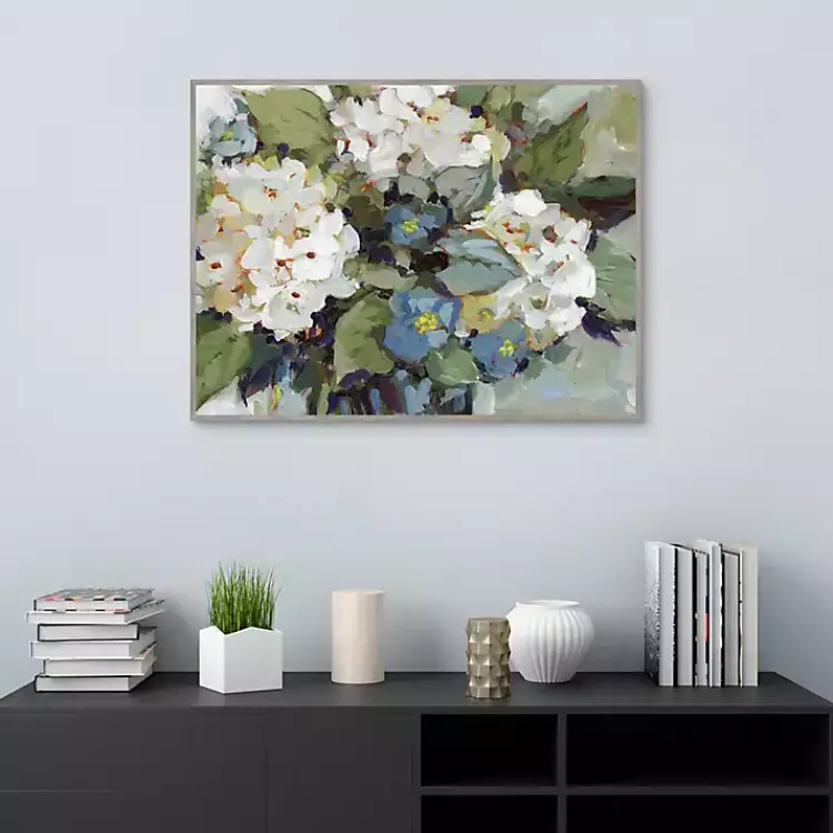 Framed Art-Kirklands Home White and Blue Hydrangeas Framed Canvas Art Print