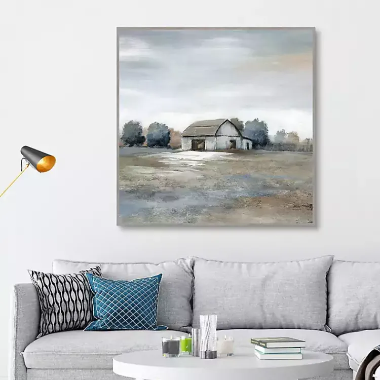 Canvas Art-Kirklands Home White Barn in Pasture Framed Canvas Art Print Gray