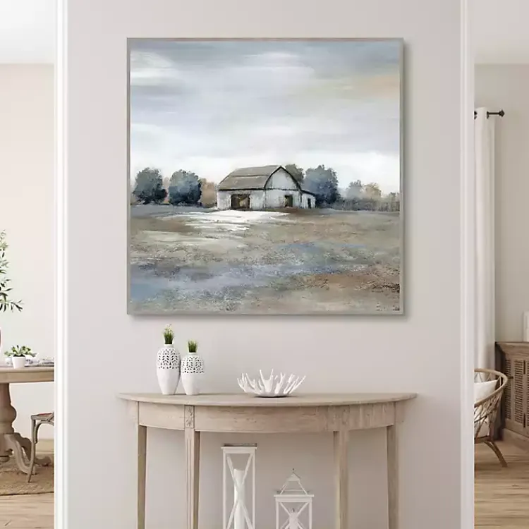 Canvas Art-Kirklands Home White Barn in Pasture Framed Canvas Art Print Gray