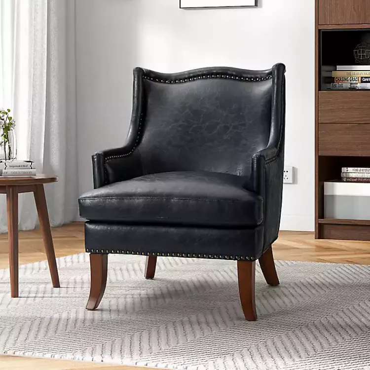 Accent Chairs-Kirklands Home Navy Faux Leather Wingback Accent Chair Blue