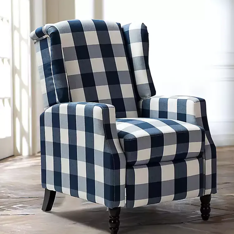 Accent Chairs-Kirklands Home Navy Windowpane Plaid Recliner
