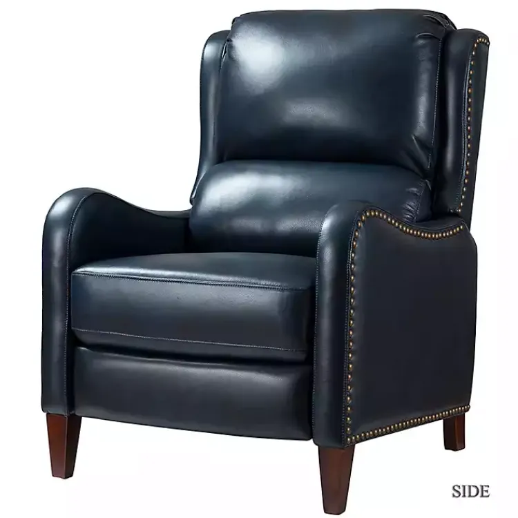 Accent Chairs-Kirklands Home Navy Leather Nailhead Traditional Recliner Blue