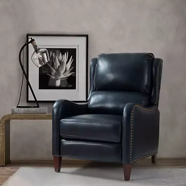 Accent Chairs-Kirklands Home Navy Leather Nailhead Traditional Recliner Blue