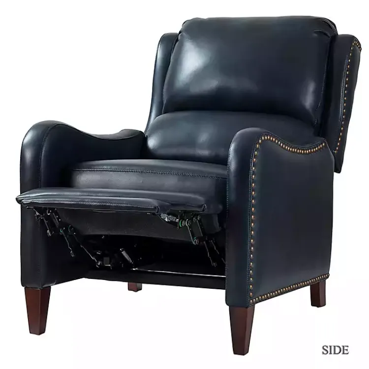 Accent Chairs-Kirklands Home Navy Leather Nailhead Traditional Recliner Blue