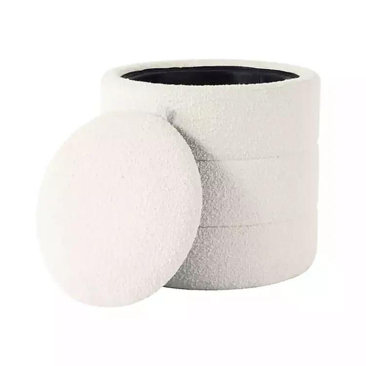 Benches & Ottomans-Kirklands Home Round Cream Boucle Storage Ottoman Ivory