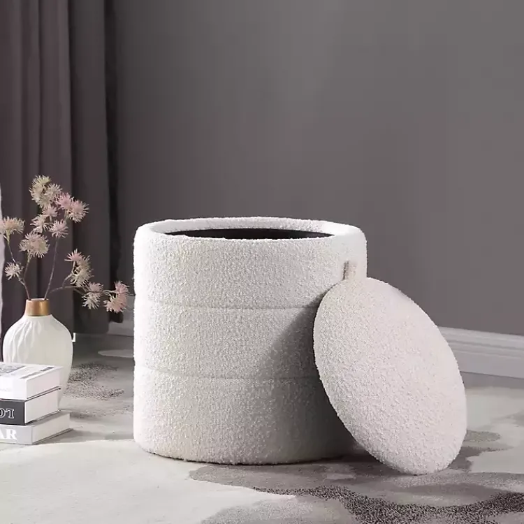Benches & Ottomans-Kirklands Home Round Cream Boucle Storage Ottoman Ivory