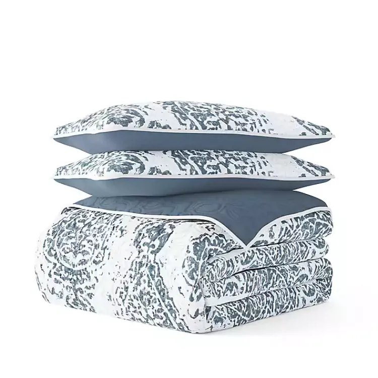 Quilts-Kirklands Home Blue Damask Reversible 3-pc. King Quilt Set