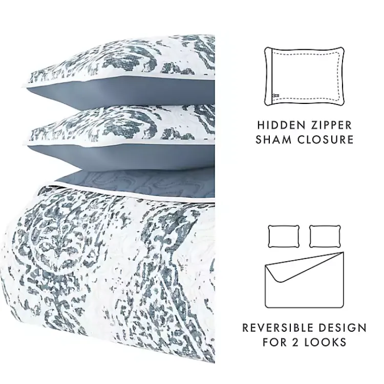 Quilts-Kirklands Home Blue Damask Reversible 3-pc. King Quilt Set