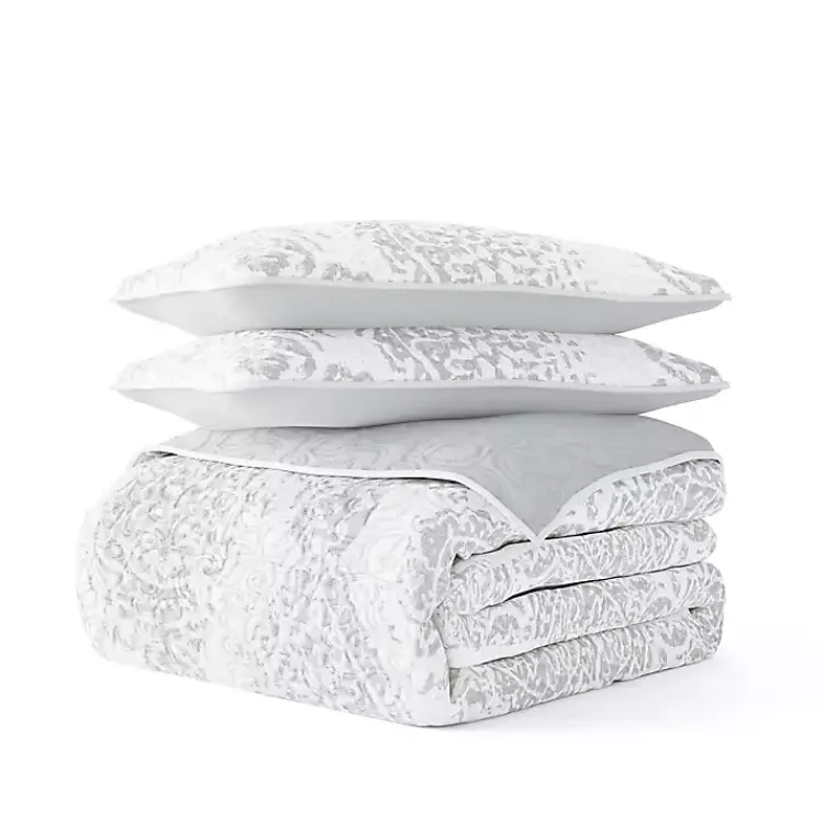 Quilts-Kirklands Home Gray Damask Reversible 3-pc. Queen Quilt Set