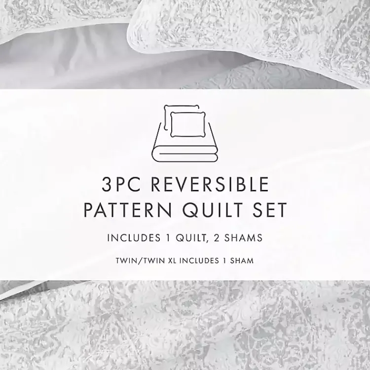 Quilts-Kirklands Home Gray Damask Reversible 3-pc. Queen Quilt Set