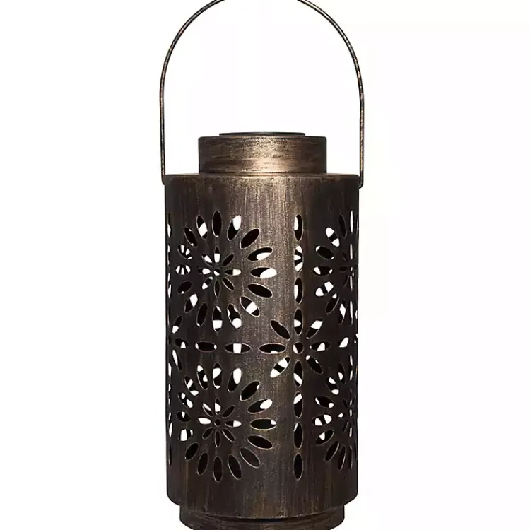 Outdoor Lighting-Kirklands Home Brass Metal Flower Cutout Solar Lantern Brown