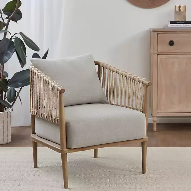 Accent Chairs-Kirklands Home Curved Wood and Jute Rope Accent Chair Gray