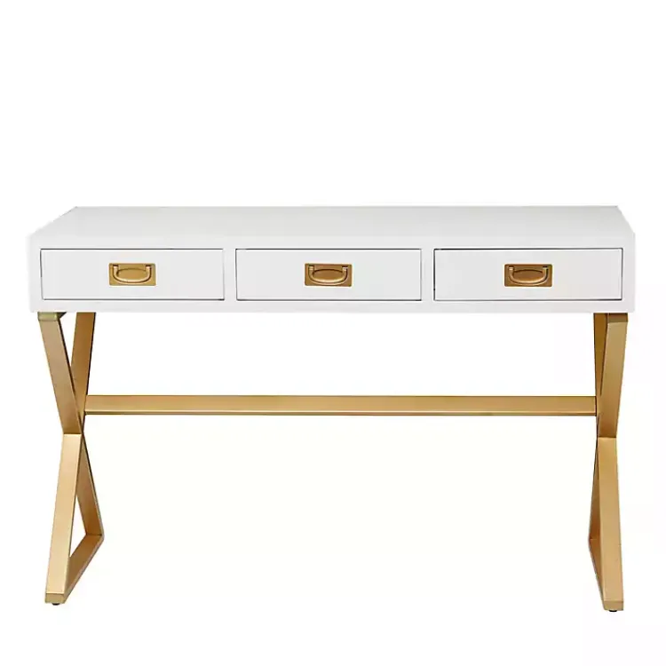Office Furniture-Kirklands Home White and Gold Metal Desk with Outlets