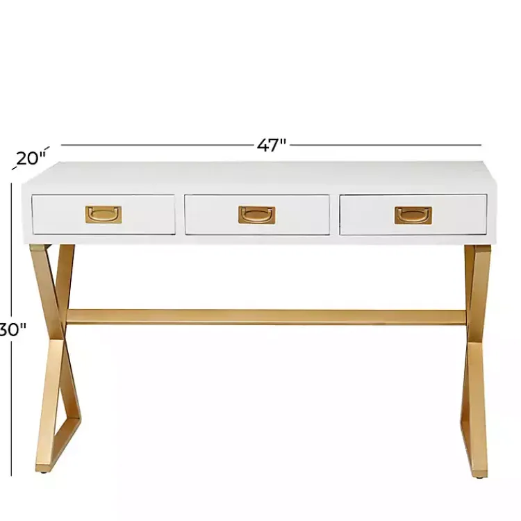 Office Furniture-Kirklands Home White and Gold Metal Desk with Outlets