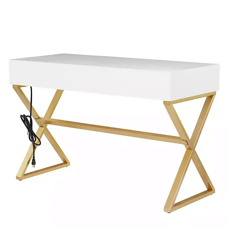 Office Furniture-Kirklands Home White and Gold Metal Desk with Outlets