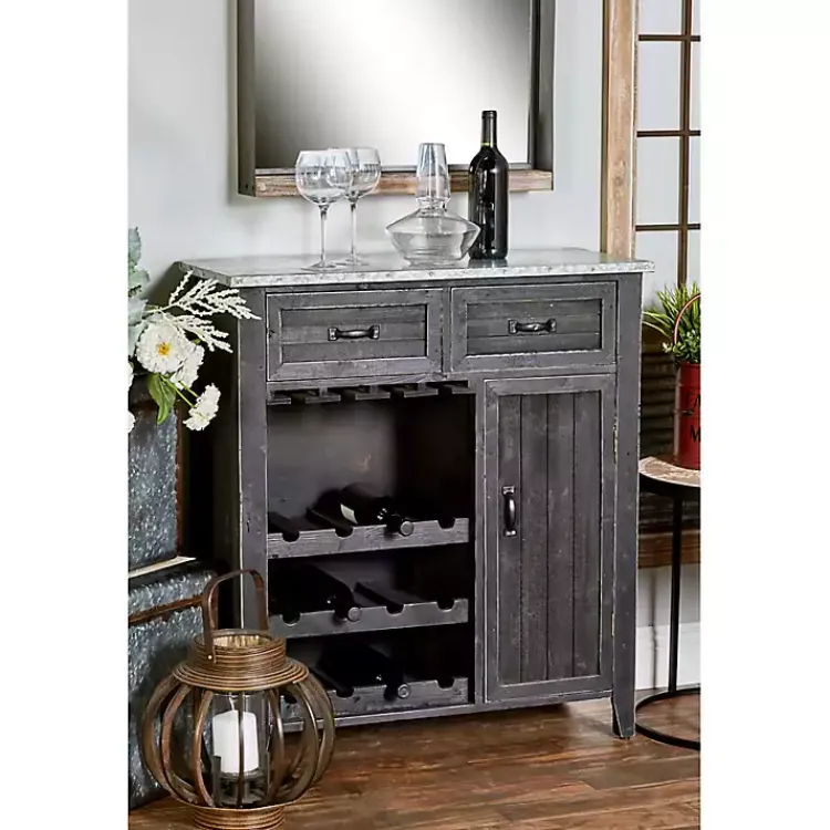 Cabinets & Sideboards-Kirklands Home Rustic Galvanized Top Wine Cabinet Black